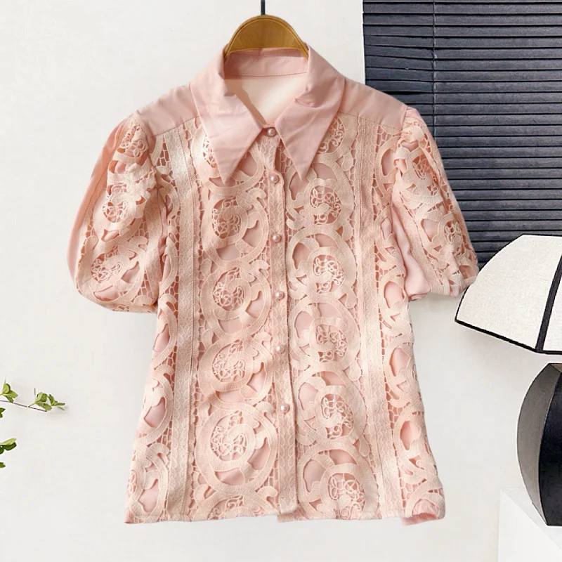 

Lace hook flower hollow short sleeved ruffle edge top with stylish design, high-end slimming top for women's fashion