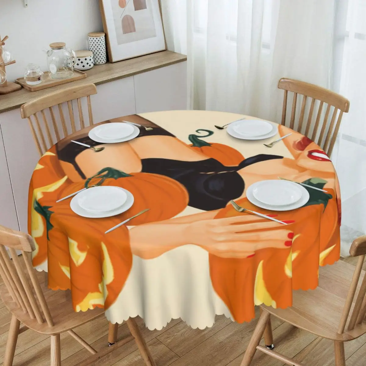 Custom Witch Pumpkin Pin Up Tablecloth Waterproof Oil-Proof Table Cover Halloween Illustration Autumn Decoration Table Cloth