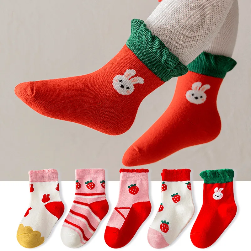 5 Paar Mädchen-Babysocken für Kinder von 1–8 Jahren, Blumen-/Obst-Baumwolle, mittellange Socken, Blumensocken, Strümpfe