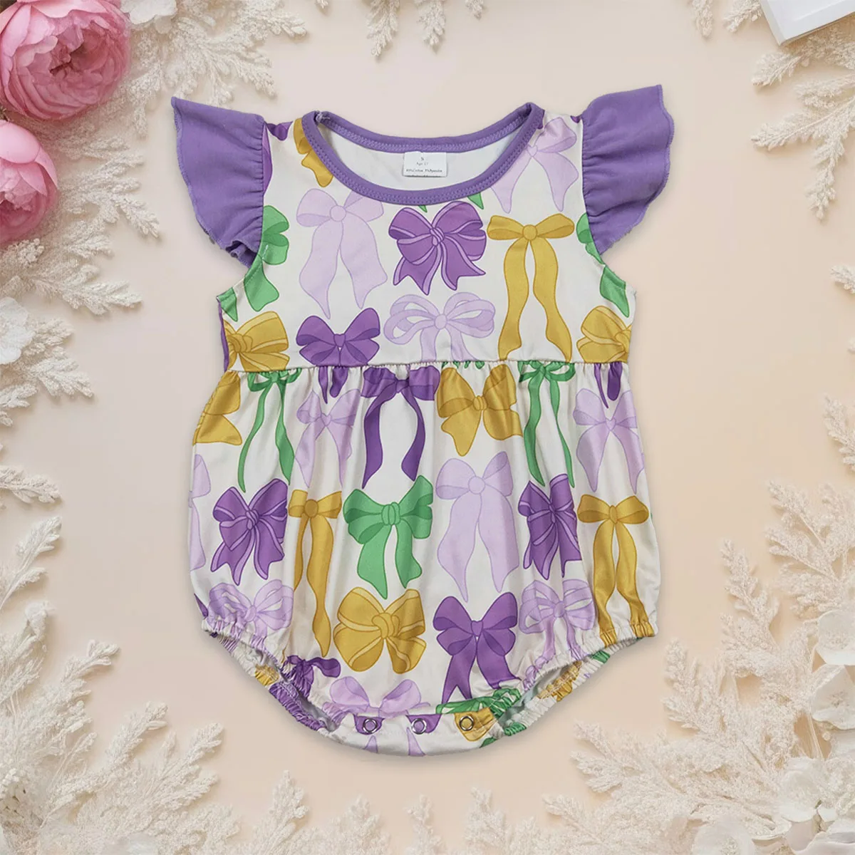 

Newborn Baby Girl Flutter Sleeve Mardi Gras Bows Plaid Bubble Romper Toddler Infant Jumpsuit Kids Children One Piece Wholesale