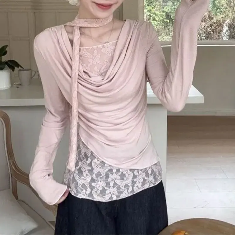 Women Lace Draped Long Sleeve T-shirts Swinging Collar Tie Ribbon Autumn Chic Slim Fake Two Pieces French Style Casual Pullovers