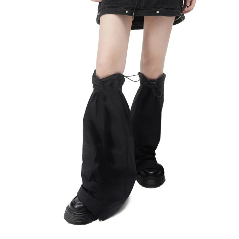 Women Punk Cargo Drawstring Leg Warmer with Eyelets Straps and Pockets Harajuku Boot Cover Over Knee Flared Stockings