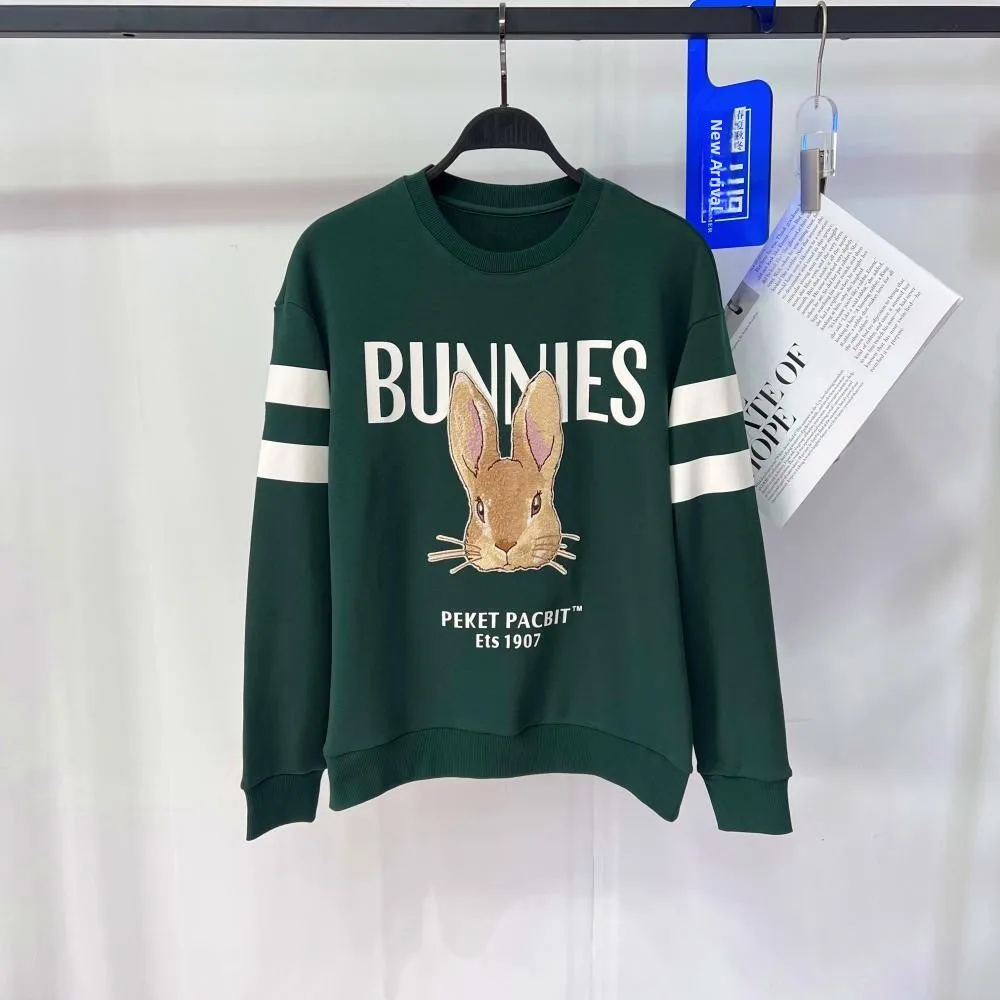 

Spring Faionable Knitted Sweatirt Men's Casual Loose round Ne Embroidered Rabbit Head Top for Couples Youth ular Sle