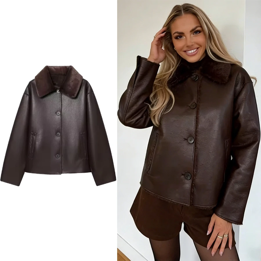 

Женская двусторонняя однобортная куртка из искусственной кожи с лацканами и карманами, женская модная тонкая свободная теплая куртка с длинными рукавами