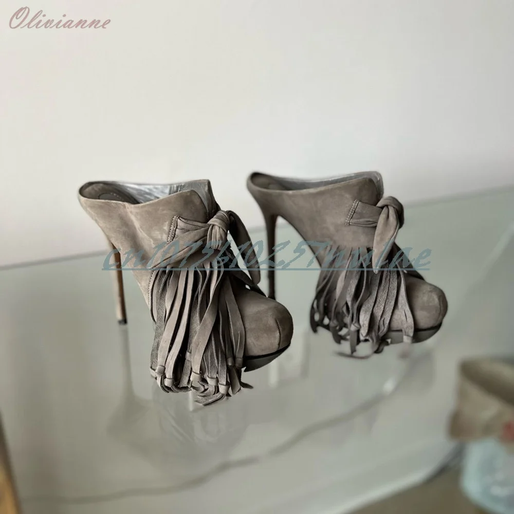 

Grey Tassels Decor Front Butterfly Knot Decor Slippers Elegant Runway Stiletto High Heel Sexy Fashion Women Shoes Para Mujere