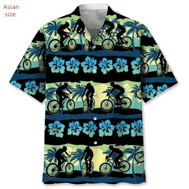 3D Printed Colorful Bicycle Hawaiian Shirt For Men Fitness Exercise Pattern Blouse Loose Button Lapel Tops Beach Aloha Shirts