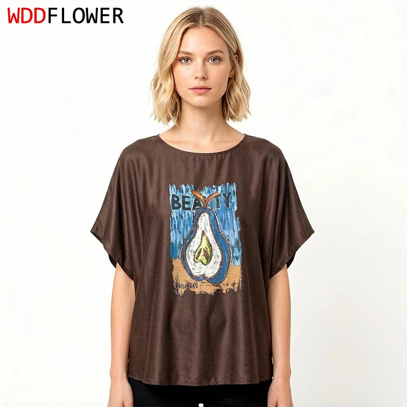 93% Mulberry Silk 7% Spandex Loose Type Brown Pear Printed Cap Sleeve Women Silk Shirt Casual Top Blouse Pullover Summer M1629