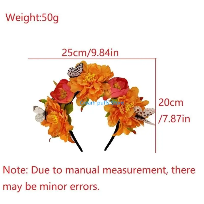 50Le Butterfly Flower Headband voor bruiloft Bruid Ethnic Mexico Haarband Cosplay Kostuum kopstuk Volwassen muziekfestival