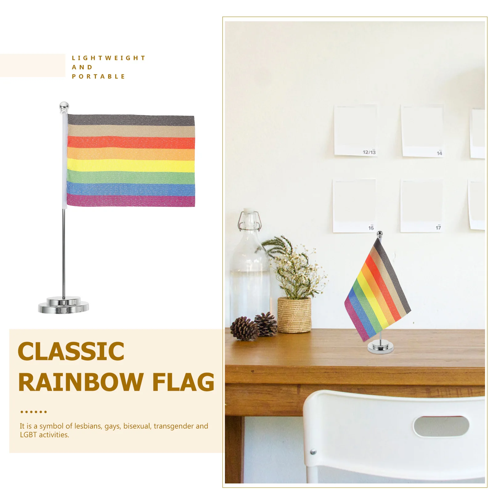 

1 Set Rainbow Table Pride Party Decoration Lightweight Metal Polyester Support Flags Gay'S Desk Decorative Colorful Stripe