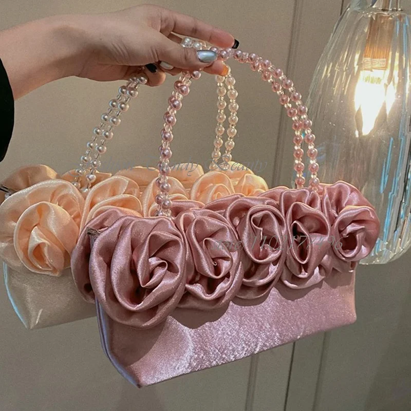 

Rose Flower Wrapped Light Color Elegant Handbag Pearl Bead Bracelet Zip Box Mini Wristlets Women Elegant Party Luxury White Bag