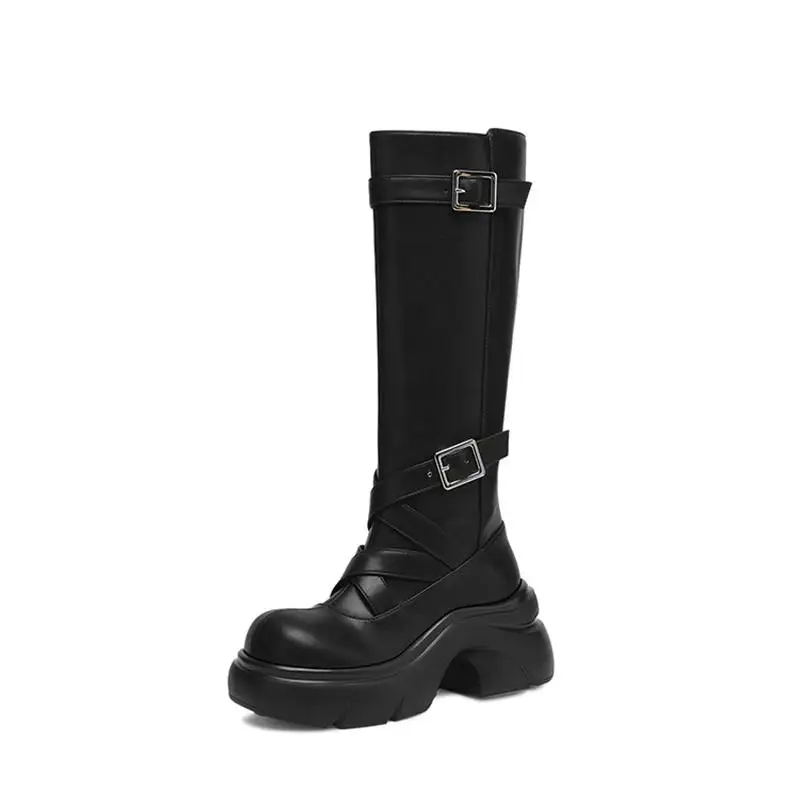 Krazing Pot Cow Split Skin Round Toe Thick Bottom Platform High Street Fashion British School Metal Buckle Chic Thigh High Boots