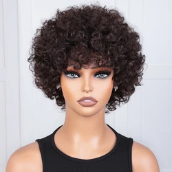 Short Brown Human Hair Wigs Bob Pixie Cut Afro Kinky Brazilian Hair for Black Women Machine Made With Bang Cheap Wig