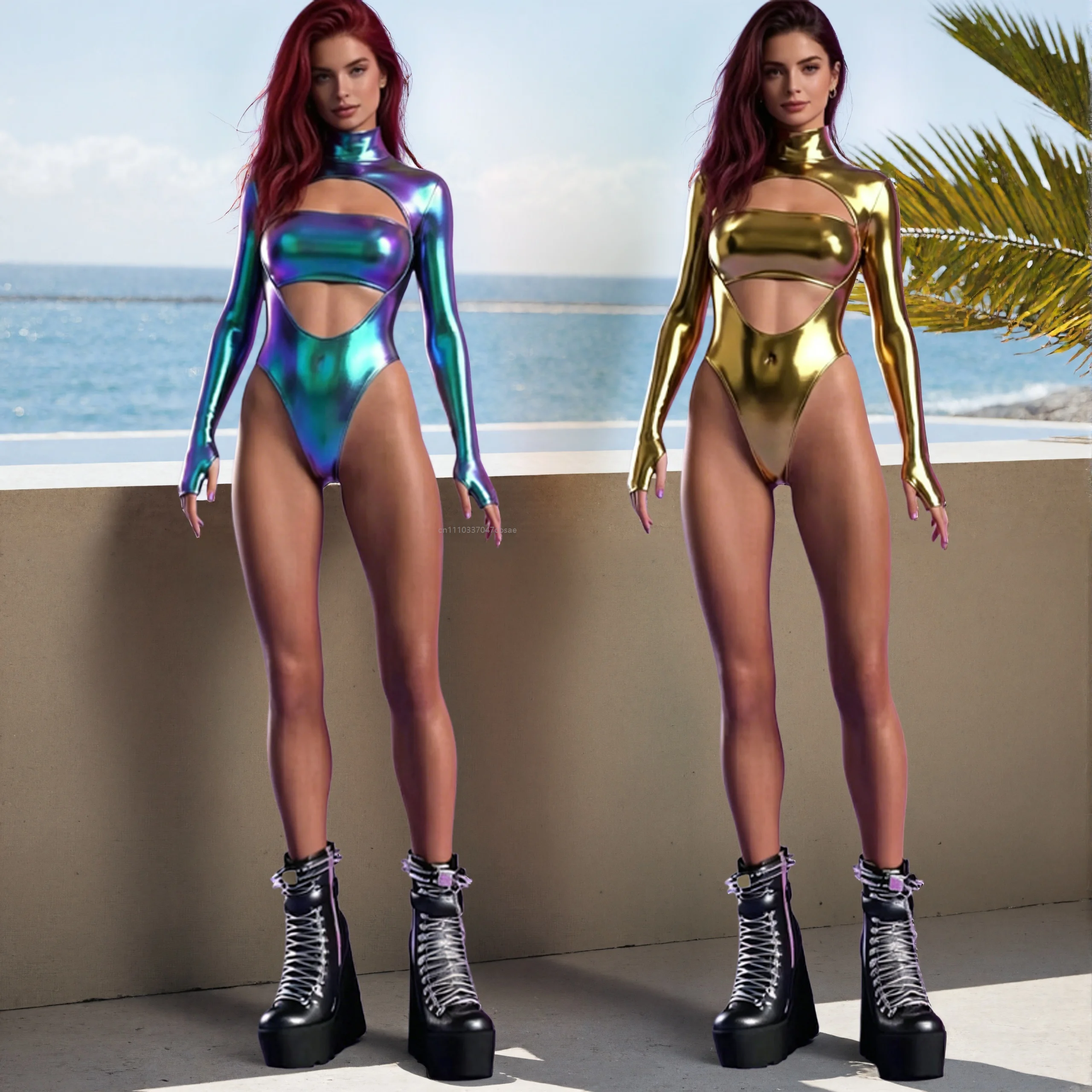 Combinaison de performance sexy et colorée, style 'Metallic God', à découpes, col montant et ouvertures pour les pouces, pour discothèque, scène, carnaval et fête