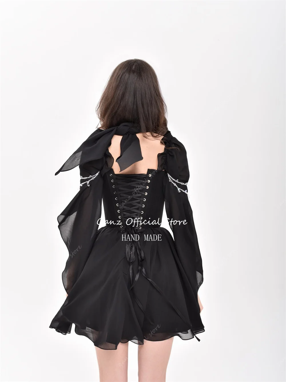 Qanz Black Chiffon Mini Prom Dresses Off The Shoulder Short A Line Vestidos De Festa Lace Up Back Robe Cocktail Femme Customized