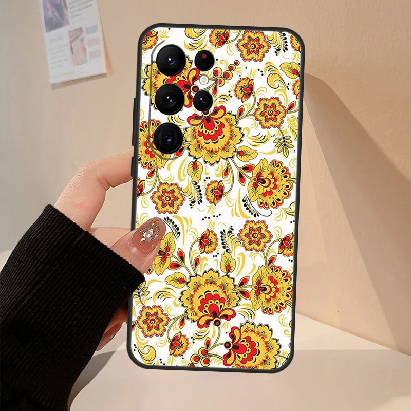 Khokhloma Russian Pattern Flower Case For Samsung Galaxy S23 S24 S25 Ultra S20 S21 S22 S9 S10 Plus S20 FE S24 FE Cover Coque