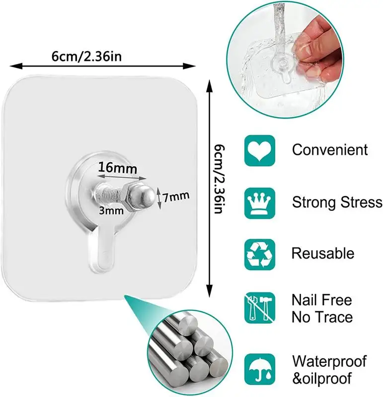 Wieszaki ścienne bez gwoździ, samoprzylepne haczyki ścienne, wodoodporne i nierdzewne do użytku wewnątrz kuchni, łazienki, domu i biura