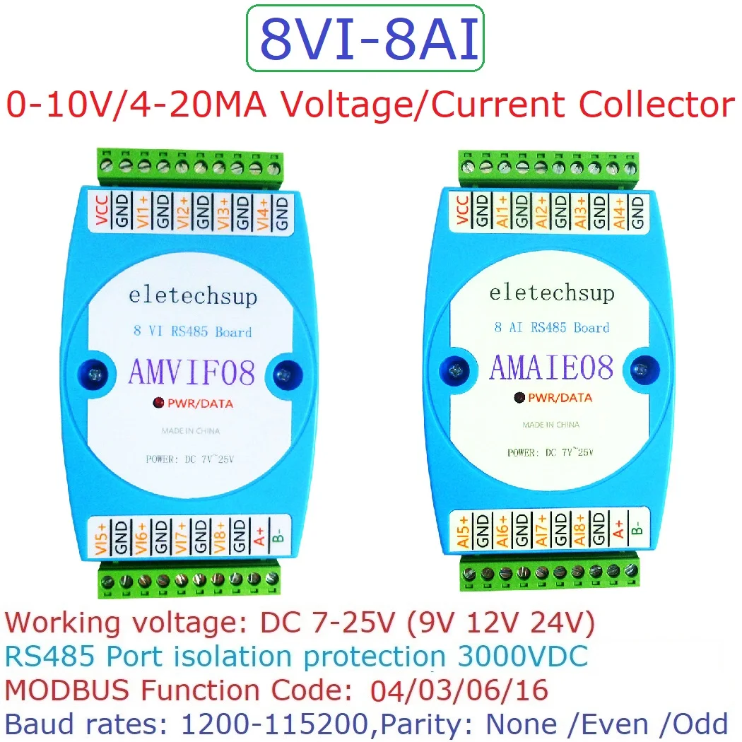 

8ch 4-20MA/0-10V Current Voltage ADC Collector Read Capture Module RS485 MODBUS RTU PLC Board