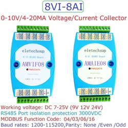 DC 12V-24V 8AI 8VI 4-20MA /0-10V to RS485 Current/Voltage ADC Collector Read Capture Module MODBUS RTU PLC Board