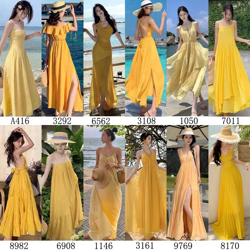 

Новинка лета: Желтое пляжное платье в стиле Бали для отпуска, женское, ретро, приталенное, корейская версия, длинное, сказочное
