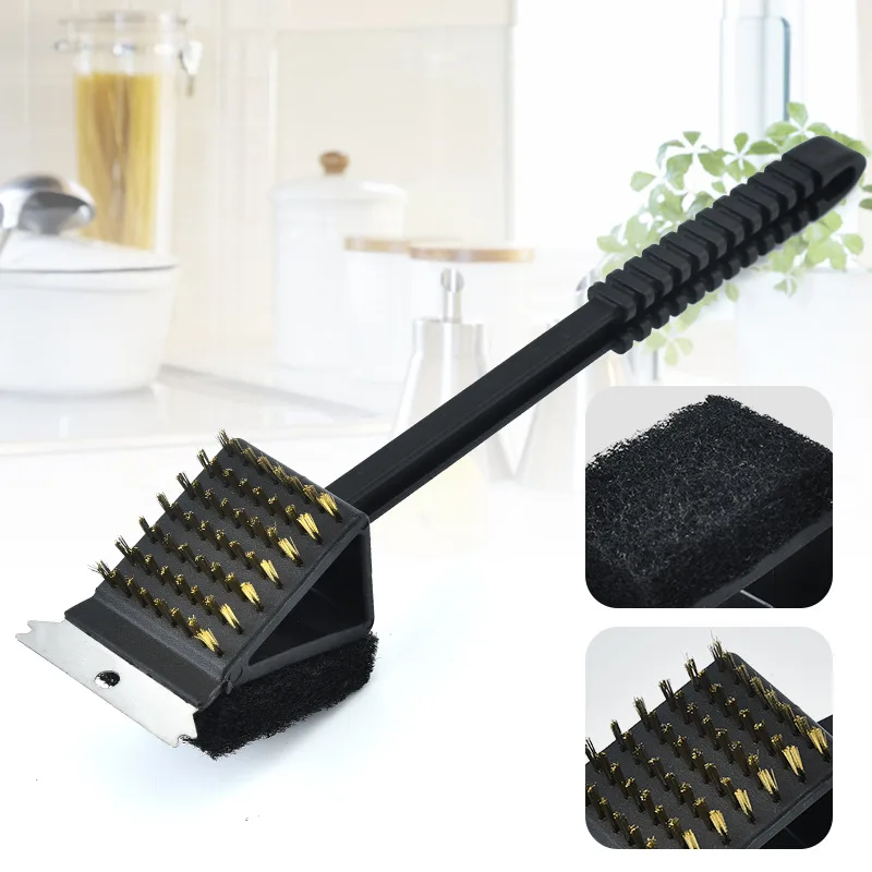 3 em 1 BBQ Wire Brush Churrasco Grill Forno Limpeza BBQ Escova Esponja De Fio De Cobre Pá Escova De Limpeza De Punho Longo