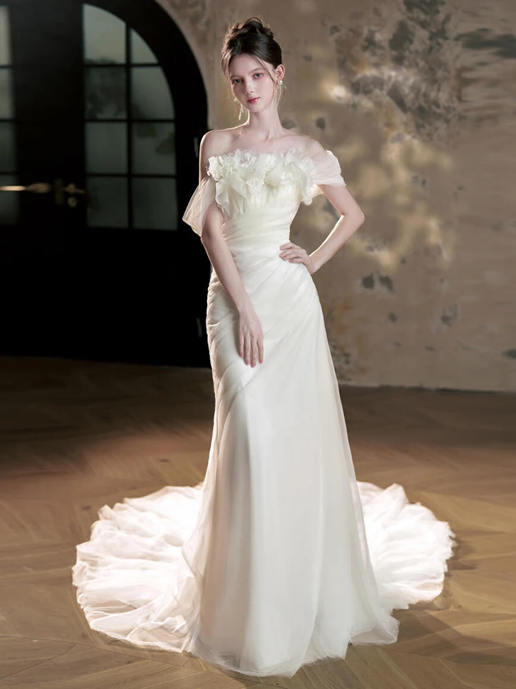 

Ele Satin Wedding Dr One-oulder Tailed Gown for Engagement Parties Bridal Dres Lightweight Floor-Length Dres