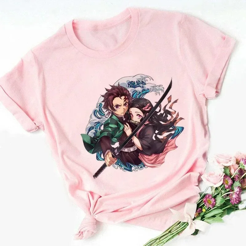 Camiseta de algodão estampada infantil Nezuko Kamado, Kimetsu No Yaiba, camiseta rosa bebê, bonito Harajuku Kawaii Kid roupas, camiseta menina, tops