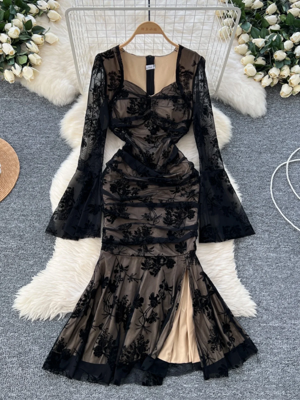 Gagaok French Retro Women Dress Elegant Square Collar Slim Fit Slit Lace Ruffled Bodycon Long Dresses Gentle Vestidos De Fiesta