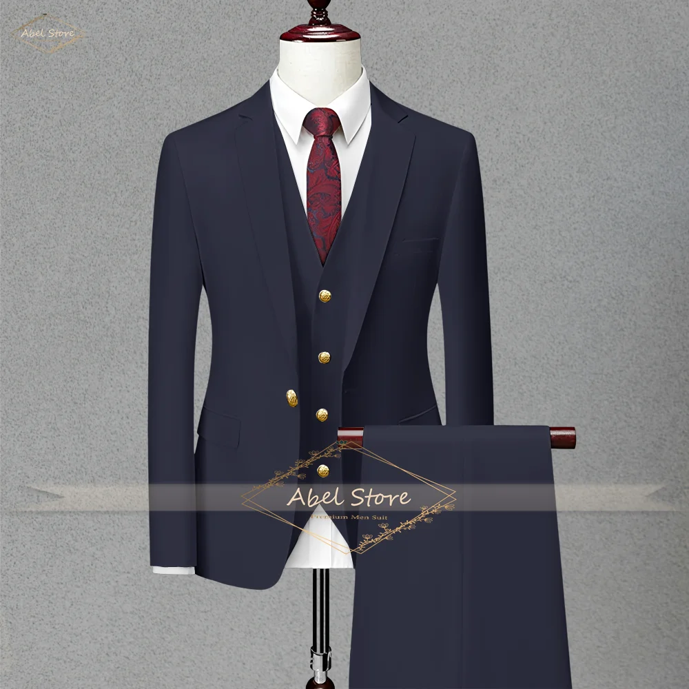 

Elegant Navy Mens Suit 3PC Set Gold Button Detail Business Wedding Wear Tailored Fit Custom Sizing Premium Quality