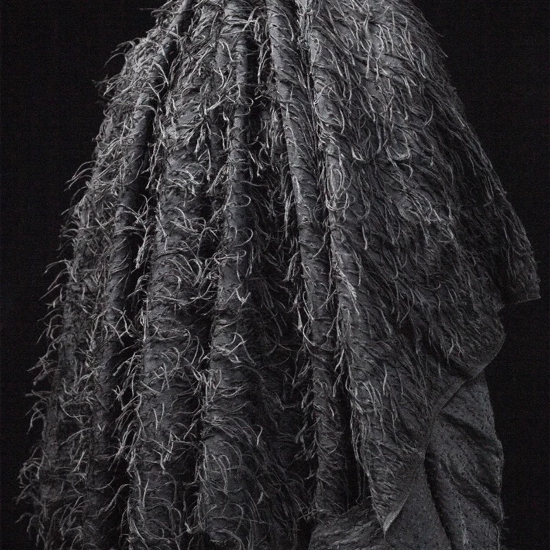 

Black Fringe Wool Thread Creative Fashion Week Designer Fabric Cutwork Reconstructed Texture Material for Women's Dresses Sewing