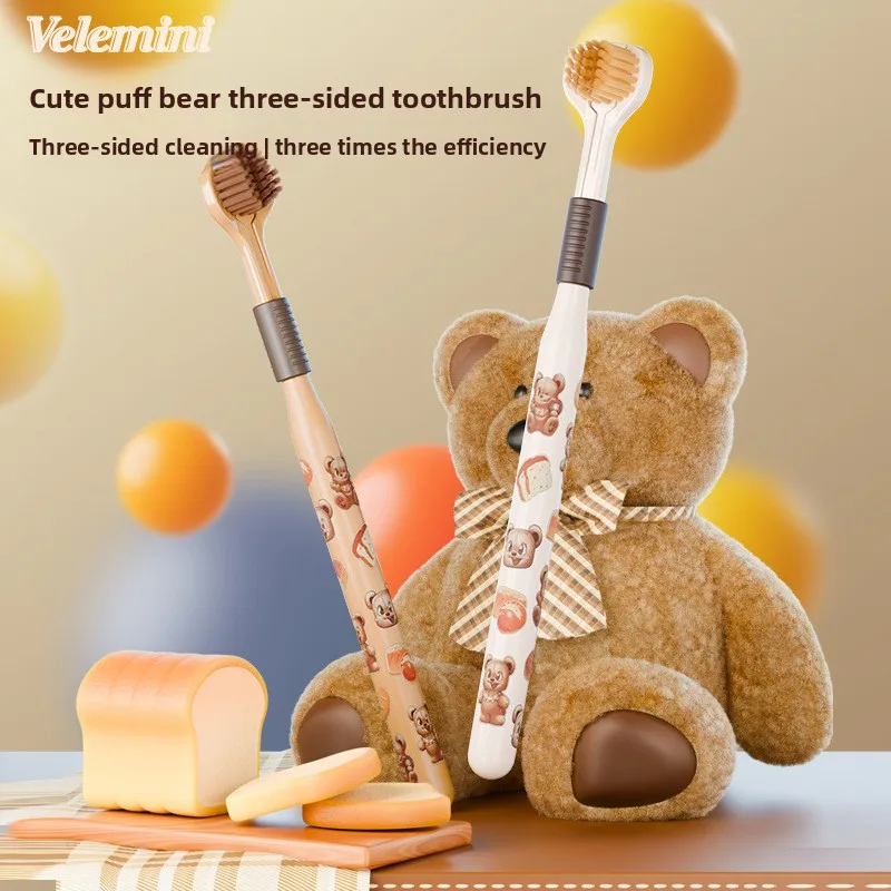 

Трехсторонняя зубная щетка с мягкой щетиной, Puff Bear, для взрослых, 3D, с маленькой головкой, трехсторонняя насадка, мягкая щетина.