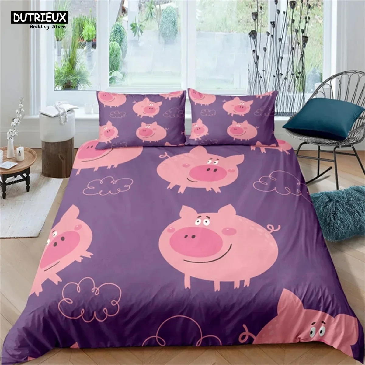 

Cartoon Lovely Pig Duvet Cover Set Kawaii Animal Bedding Set King Microfiber Farmhouse Wildlife Theme Comforter Cover Pillowcase