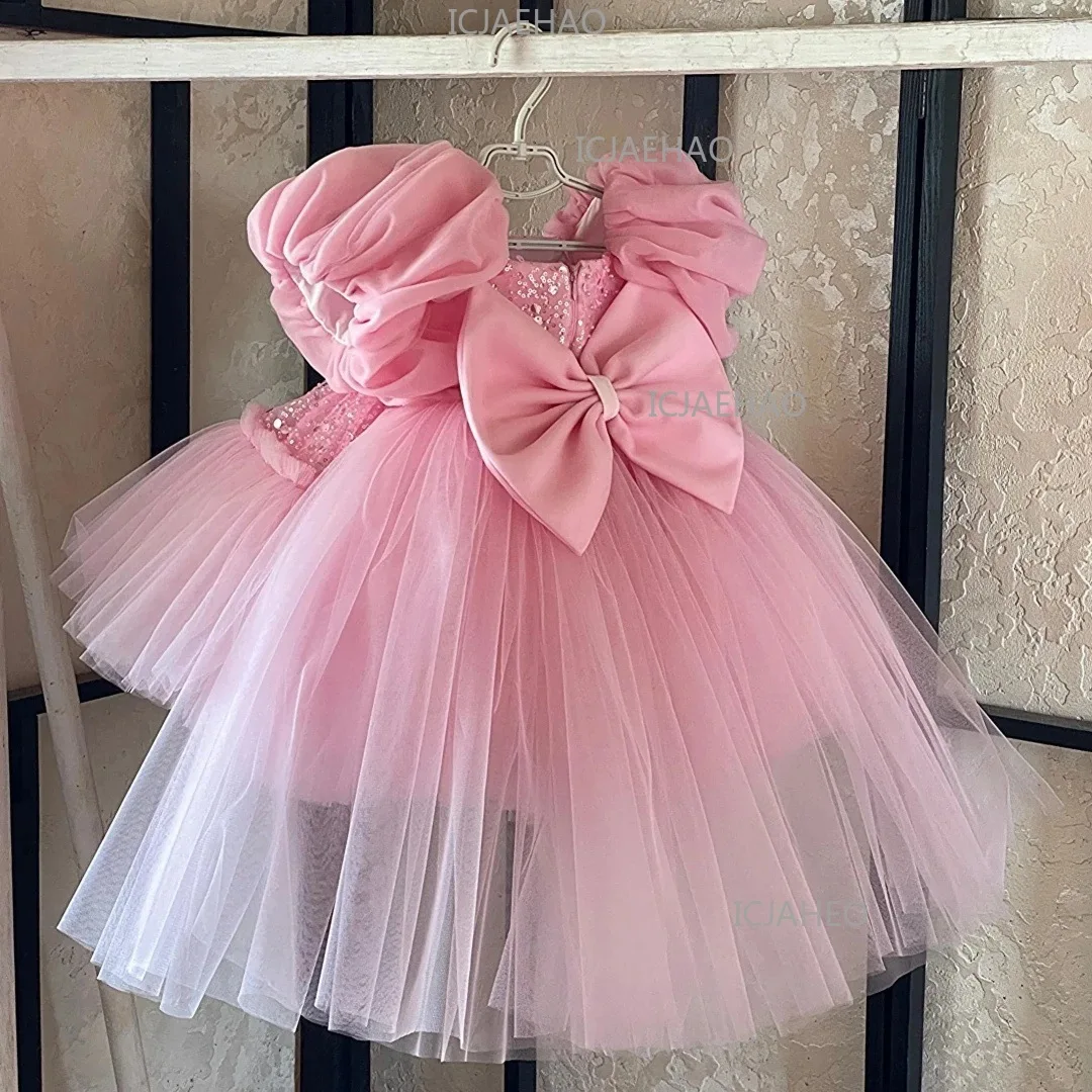 Girls Princess Formal Dress Puff SleeveParty Flower Girl Pageant Children Sequin Puffy Tulle Gown Pink Big Bow For Birthday