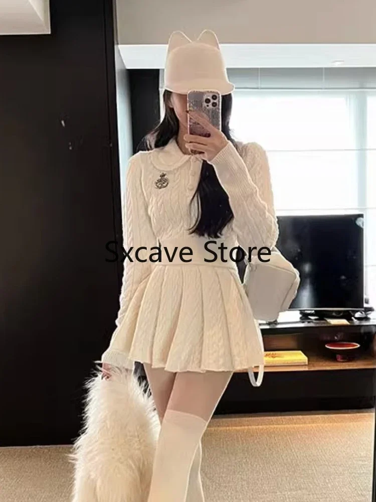 Elegant 2 Piece Skirts Set Women 2023 Autumn Y2k Crop Tops Sweater + Casual Mini Skirt Office Lady Party Korean Knitted Suit