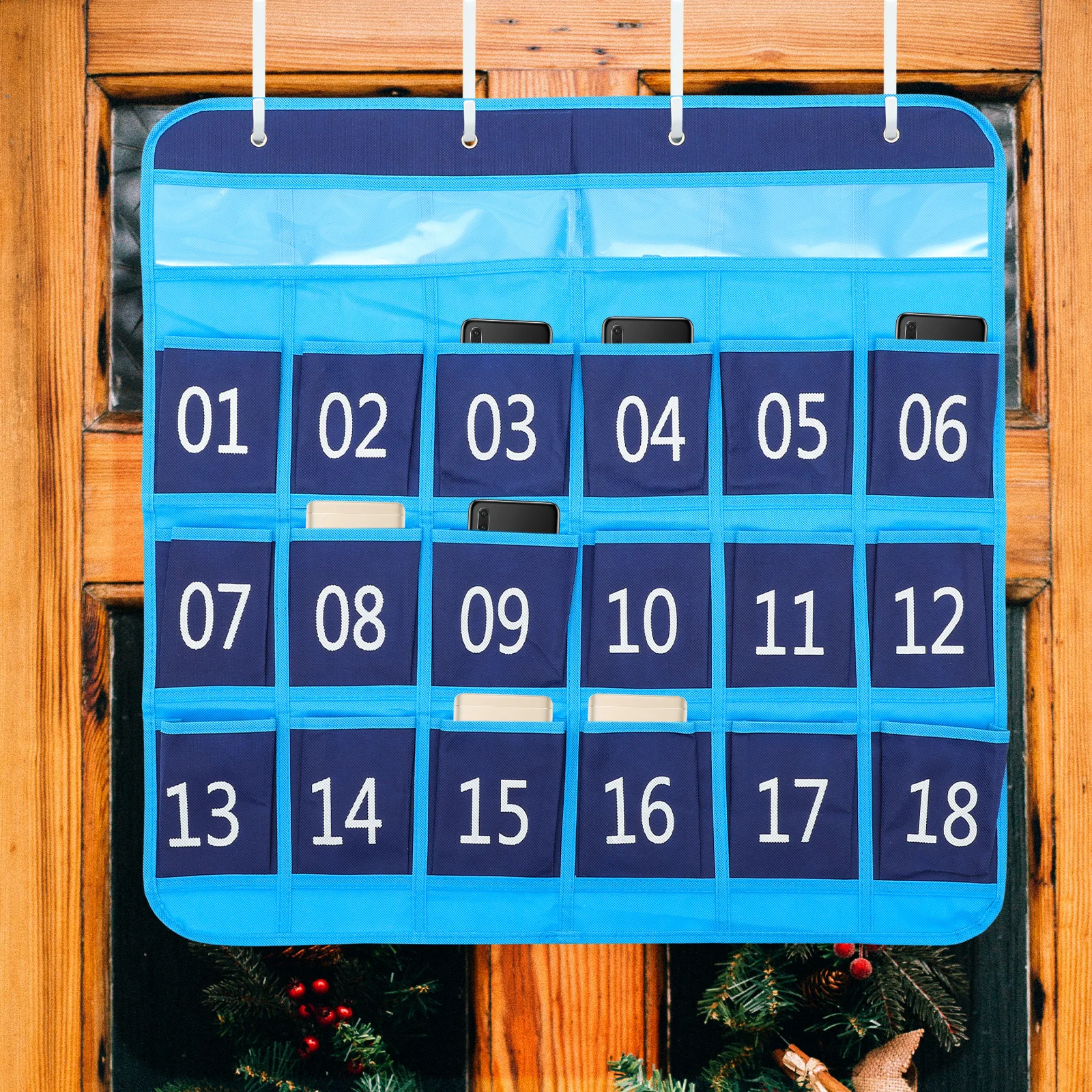 

1pc Cell Phone Storage Bag for Classroom with 18 Pockets Wall Hanging Organizer Cloth Iron Material PHONE HOLDER Chart