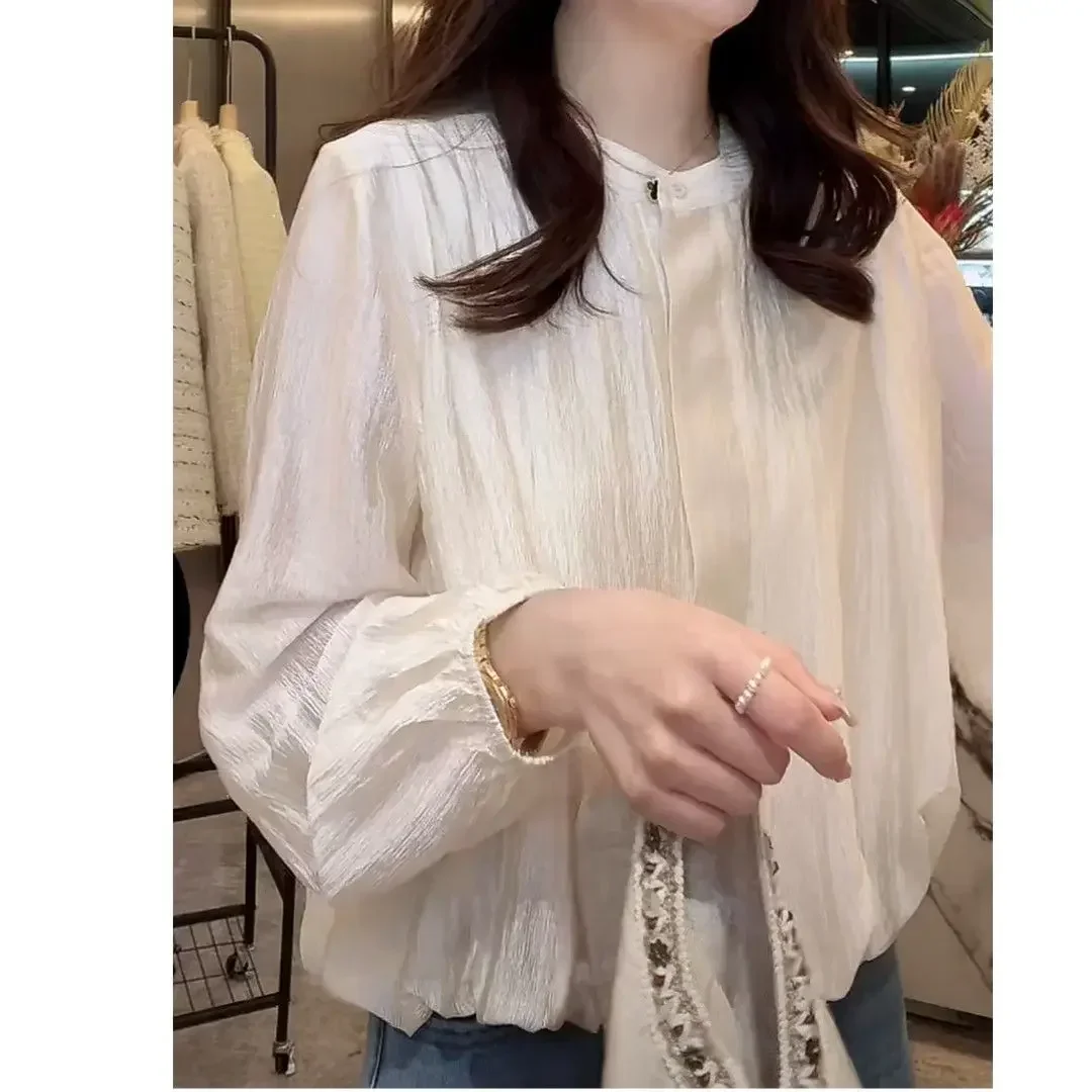 

Ice Silk Solid Color Round Neck Long Sleeves Shirt Spring Summer New Loose Temperament Cardigan Tops Fashion Clothes For Women