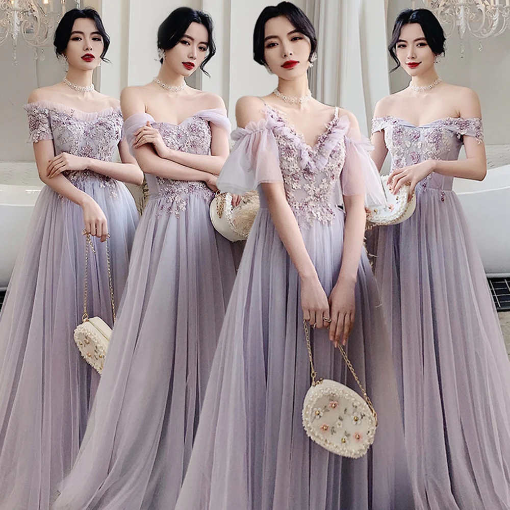 Elegent Purple 4 Styles Bridesmaid Dress Women Off The Shoulder Light Luxury Prom Gown Flower Applique Ruffles A-line Vestido