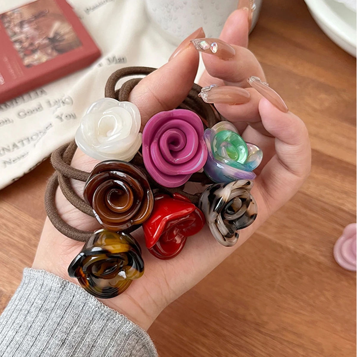 Acetate French Rose Scrunchies Women Retro Flower Elastic Hair Band High Horsetail Hair Rope Fashion Headwear Hair Accessories