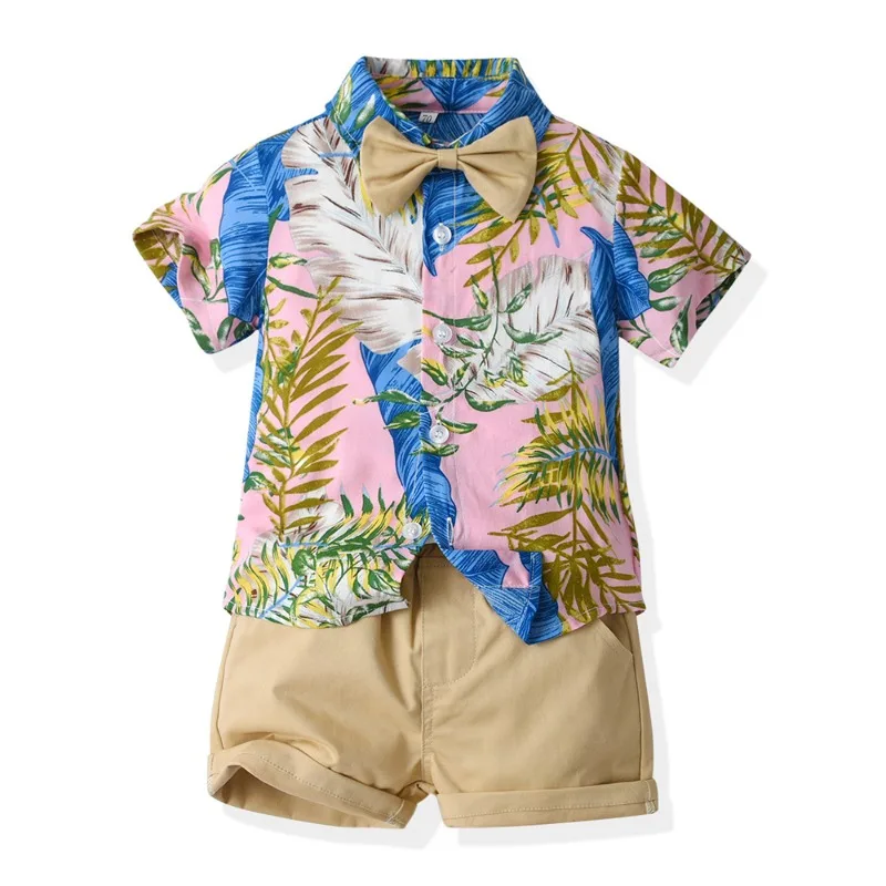 2024 ragazzi set estate Hawaiian Outfit neonato bambini stampa floreale camicia a maniche corte papillon camicia + pantaloncini Baby Gentleman Suits