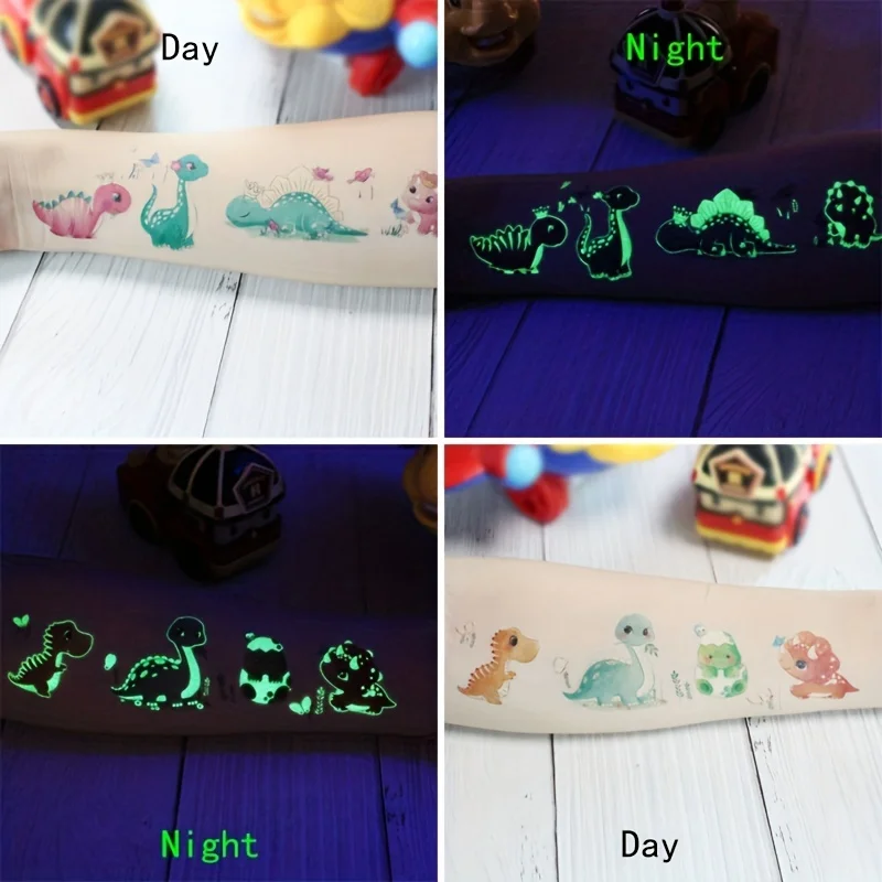 12 Sheets Luminous Dinosaur Temporary Tattoos For Boys Cute Cartoon Dino Tattoo Stickers Glowing Body Art Waterproof Fake Tattoo