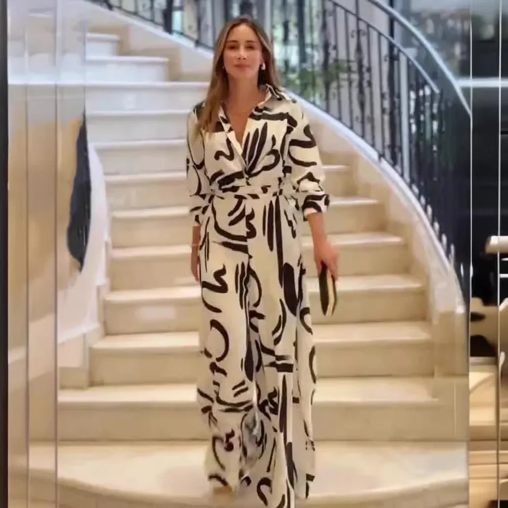 Wide Leg Pants Rompers Women Jumpsuit Ankle Length Pant Pockets One Piece High Waist Office Lady Spliced Print Loose Fit 2025