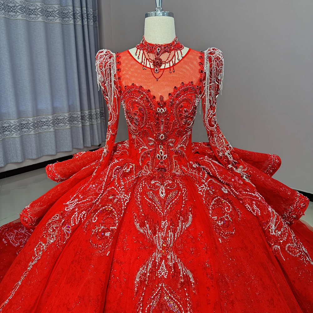 Customized New Bride High-Grade Retro Heavy Luxury Long-Sleeved Long-Tail Red Noble Wedding Dress Dw0061