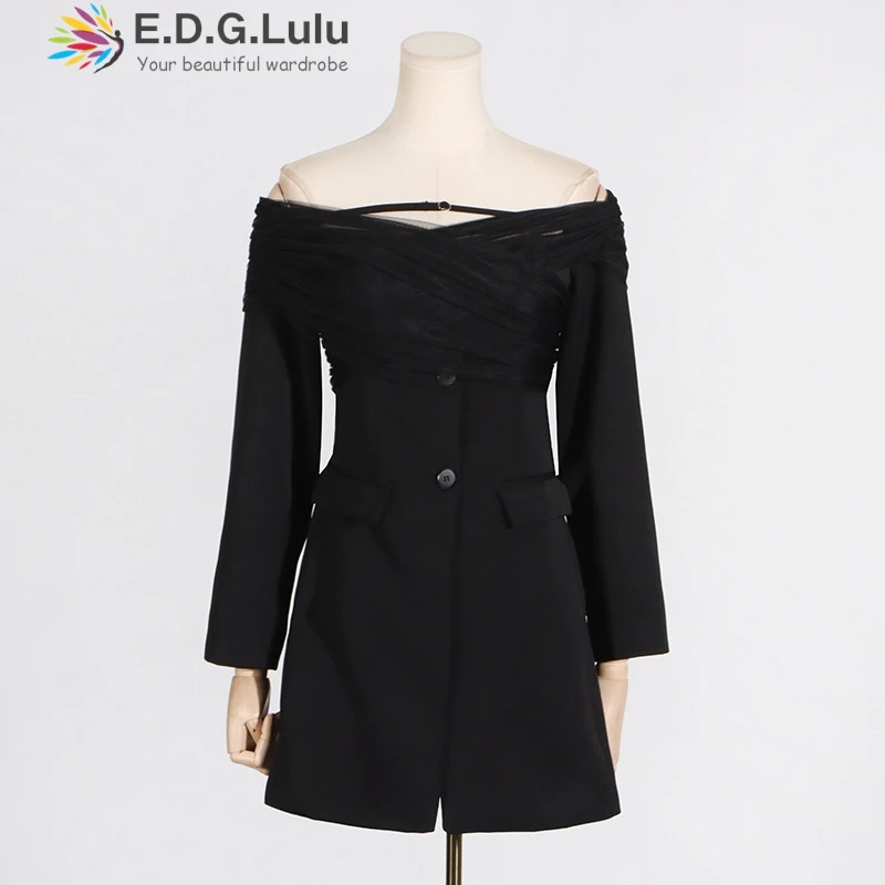 EDGLuLu  Fashion Off Shoulder Mesh Patchwork Long Sleeves Blazer Coat Woman Single Breasted Black Suit Jacket For Women 1126