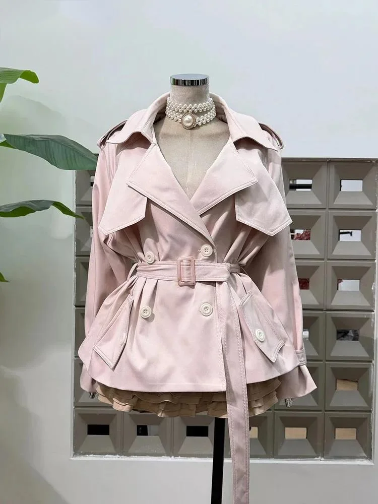 

Fashion Autumn Spring Pink Trench Coat Women Turn Down Collar Long Sleeves Double Breasted Sashes Slim Windbreaker 0RA1