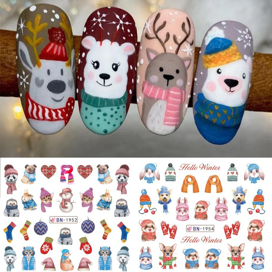 12pcs Cute Penguin Winter Nail Stickers uccelli Bear Cat Cartoon Animal Snowflake Sliders decalcomanie per l'acqua decorazione Xmas Tips Foils