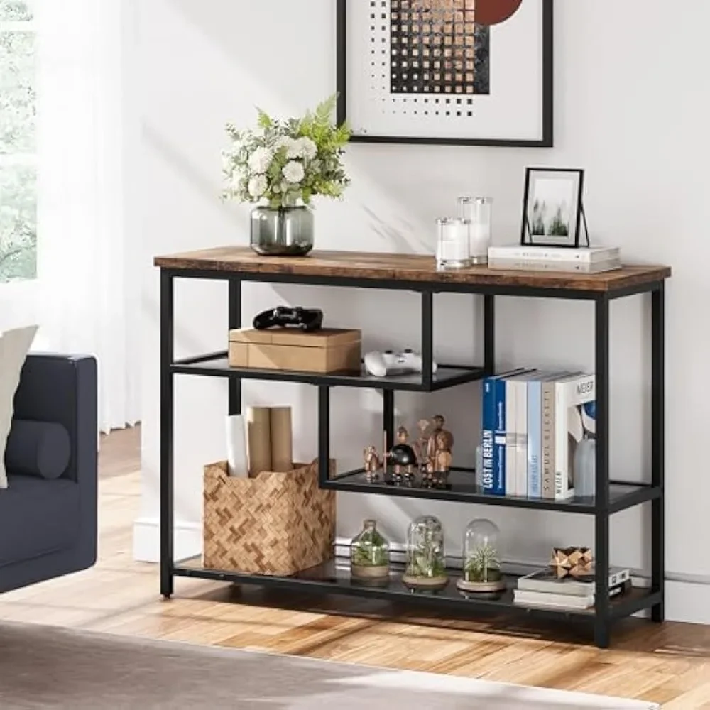 

Sofa table Narrow entrance table with glass shelves and metal frame, entrance hall, bedroom, rustic brown