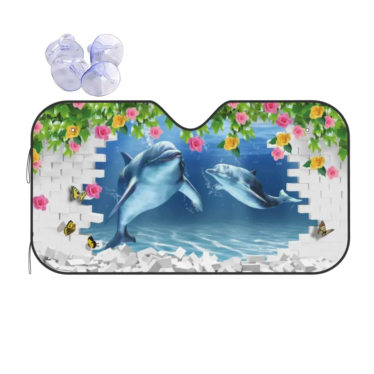 Cheerful Dolphin Creative Windshield Sunshade 70x130cm Cute Animals Fish Aluminium Foil Sunshade Visor Sunscreen Curtain