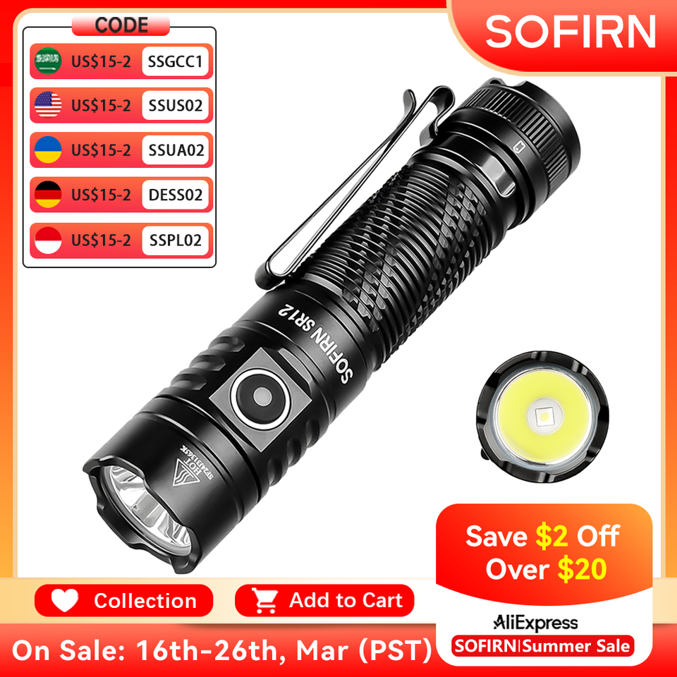  New Sofirn SR12 SFT25 LED 1450lm EDC Spot Flashlight 18650 USB C Rechargeable 6000K Powerful Light IP68 Torch 