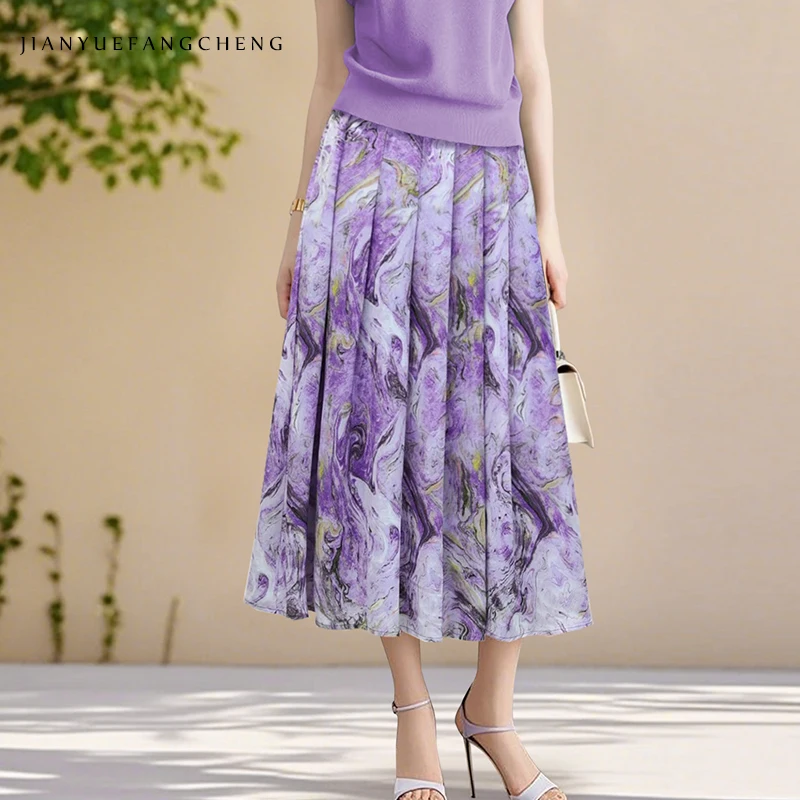 2025 Summer Women's Chiffon Long Skirt - Purple Floral Pleated High Waist A-Line Ankle-Length Casual Elegant Print Skirt