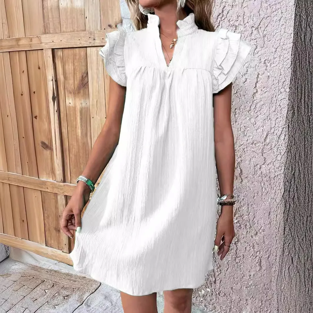 Fashionable Multi-layered Ruffle Women's Dress Solid Color Casual V-neck Beach Vacation Mini Dresses For Women 2024 Summer