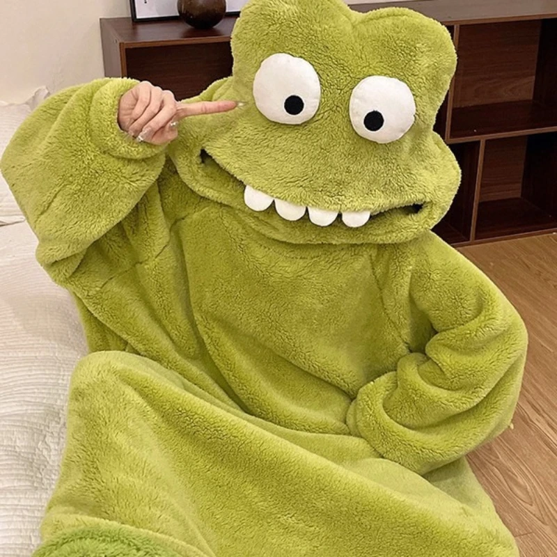 funny-frog-onesie-pajamas-for-women-thick-flannel-cartoon-hooded-nightgown-warm-plush-loungewear-oversized-home-wear-suitable